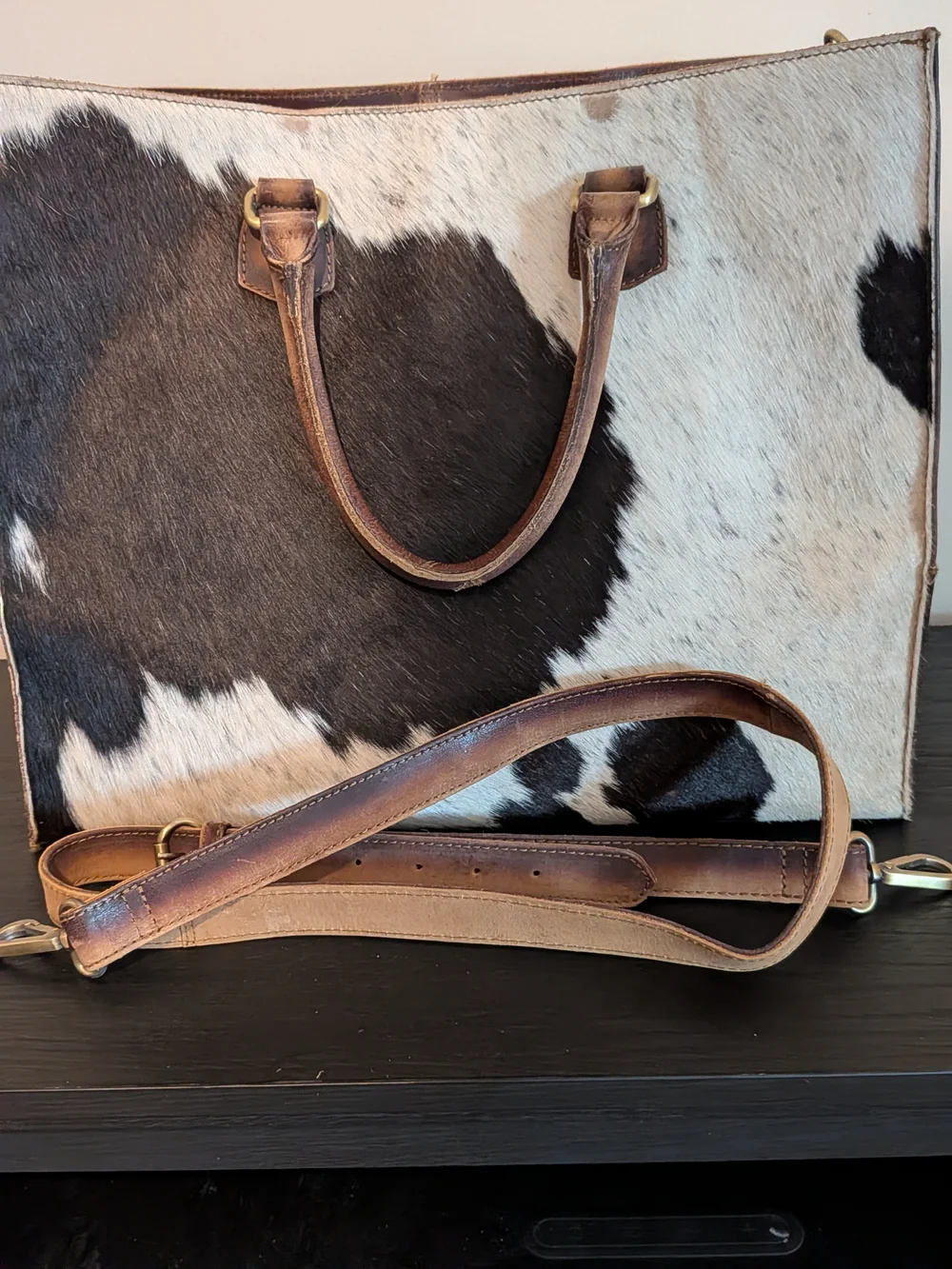 American Darling Cowhide Leather Top-Handle Tote Bag in Brown & White